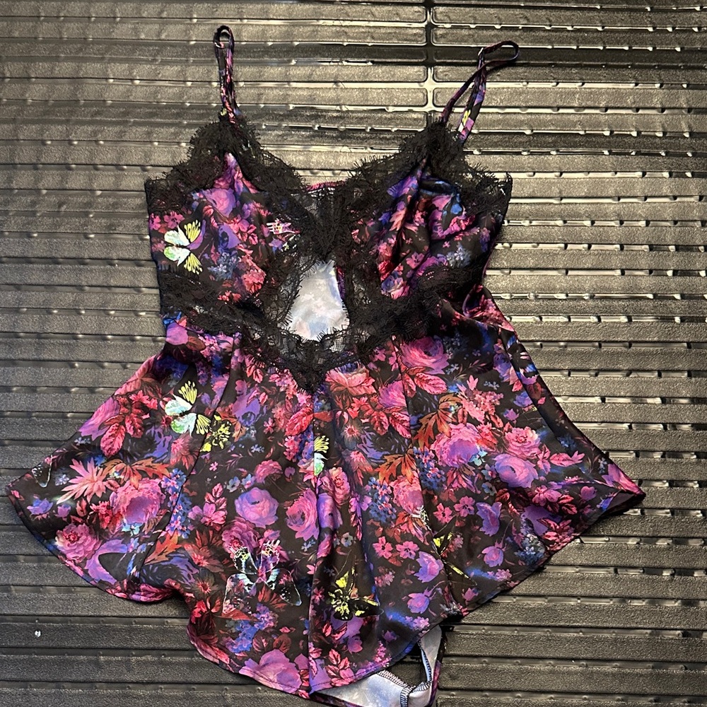 Victoria's Secret Black and Purple Floral Chemise